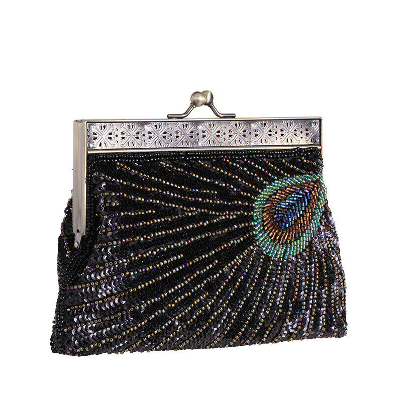 Women Bridal Metal Frame Sequined Bead Party Wedding Handbag Prom Evening Clutch