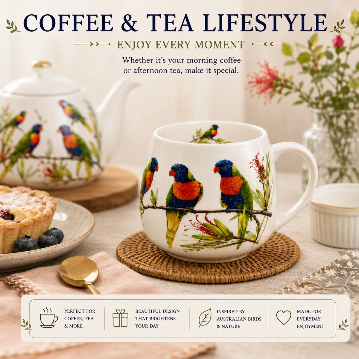 1-6x Rainbow Lorikeet Mug 400ml Fine Porcelain Australian Bird Coffee Tea Cup Gift