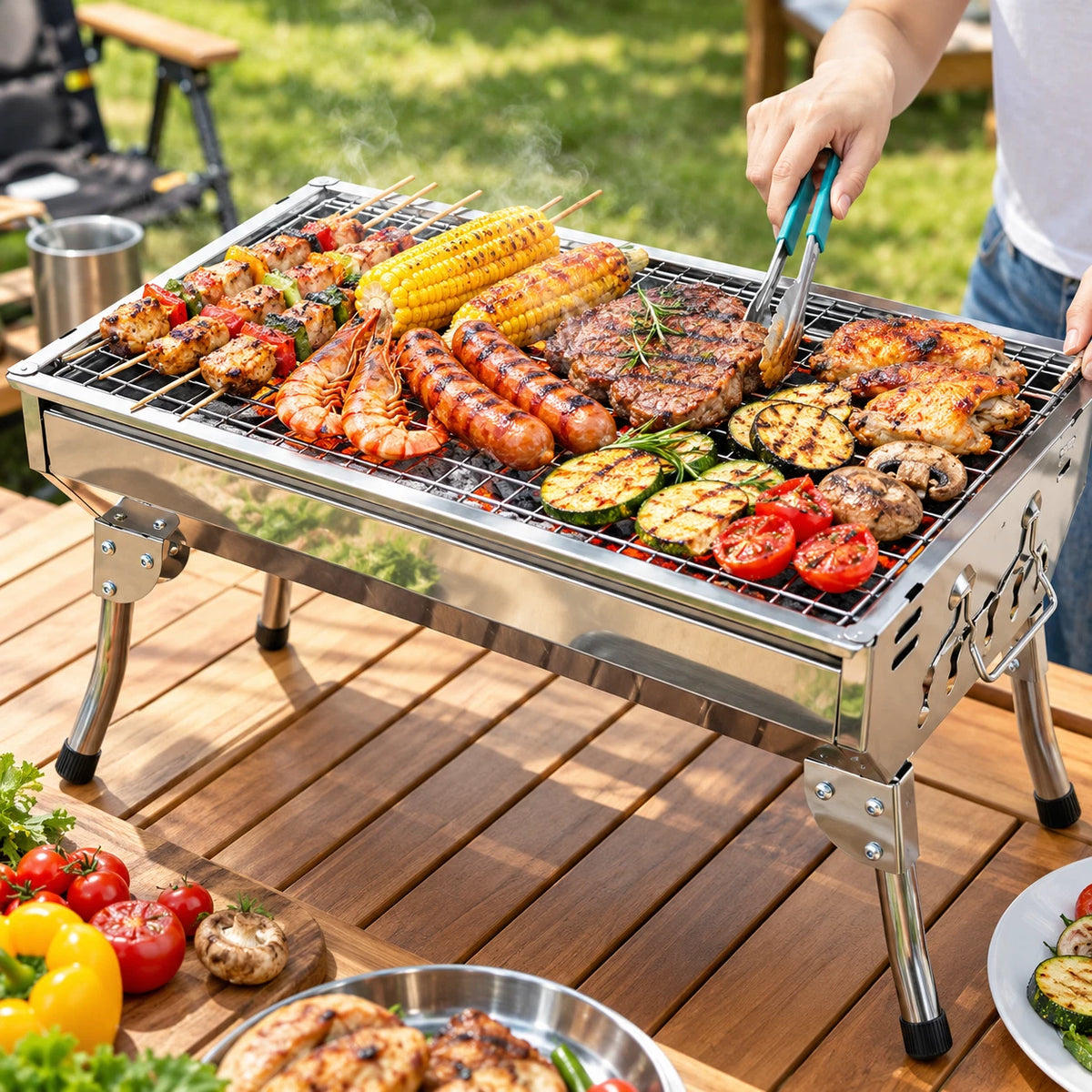 Portable Charcoal BBQ Grill 48cm Foldable Stainless Steel Camping Outdoor Barbecue #BBQHH001