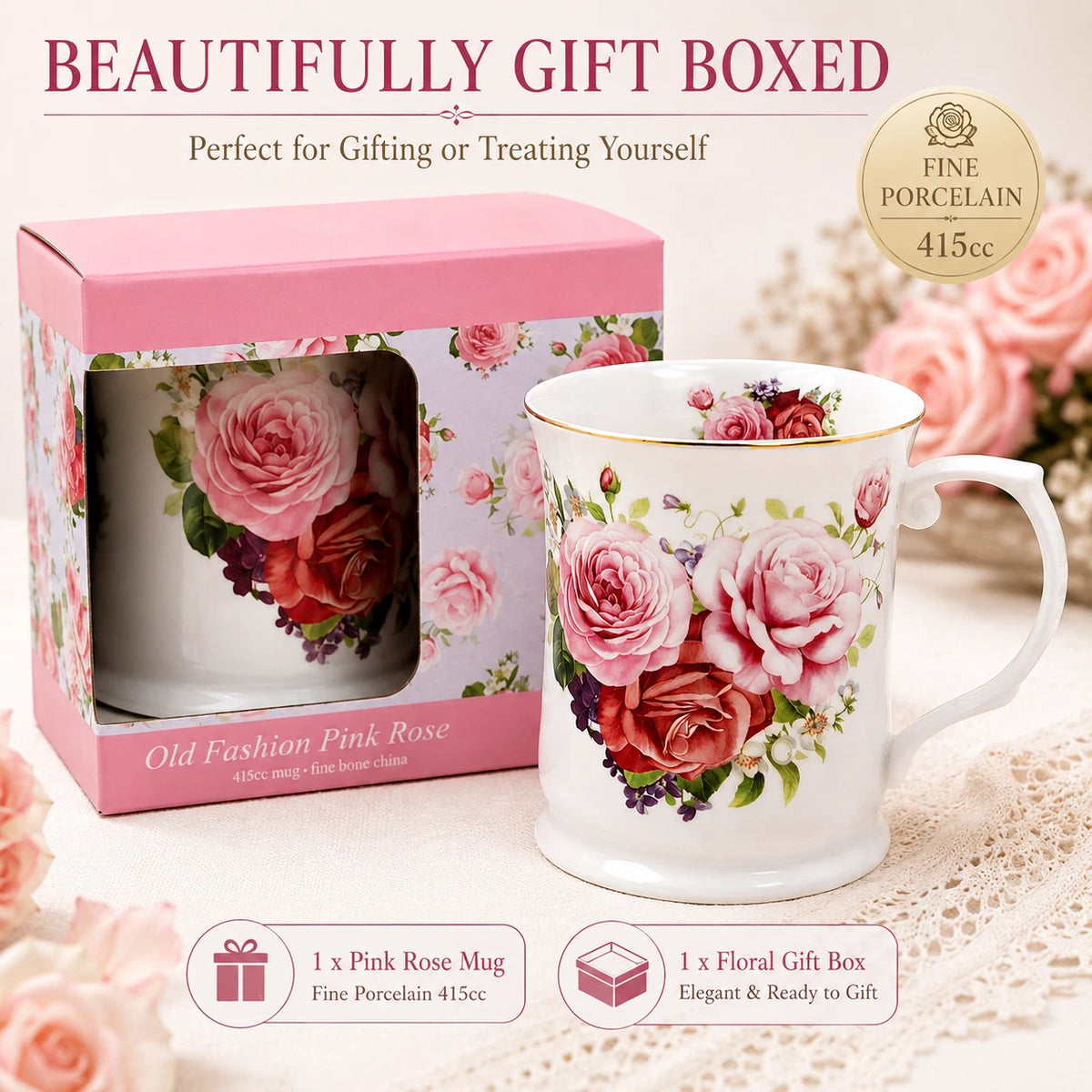 1-6x Vintage Pink Rose Mug 415ml Fine Porcelain Coffee Tea Cup Floral Gift