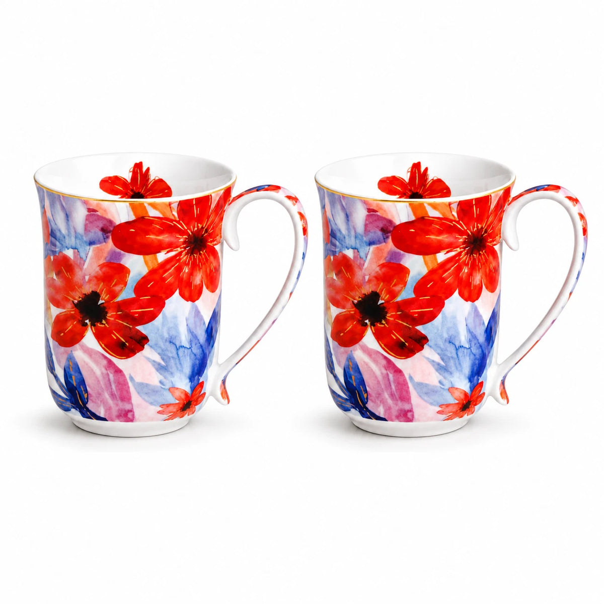 1-6x Watercolour Flora Fine Porcelain Coffee Mug 405cc Coral Flowers Tea Cup