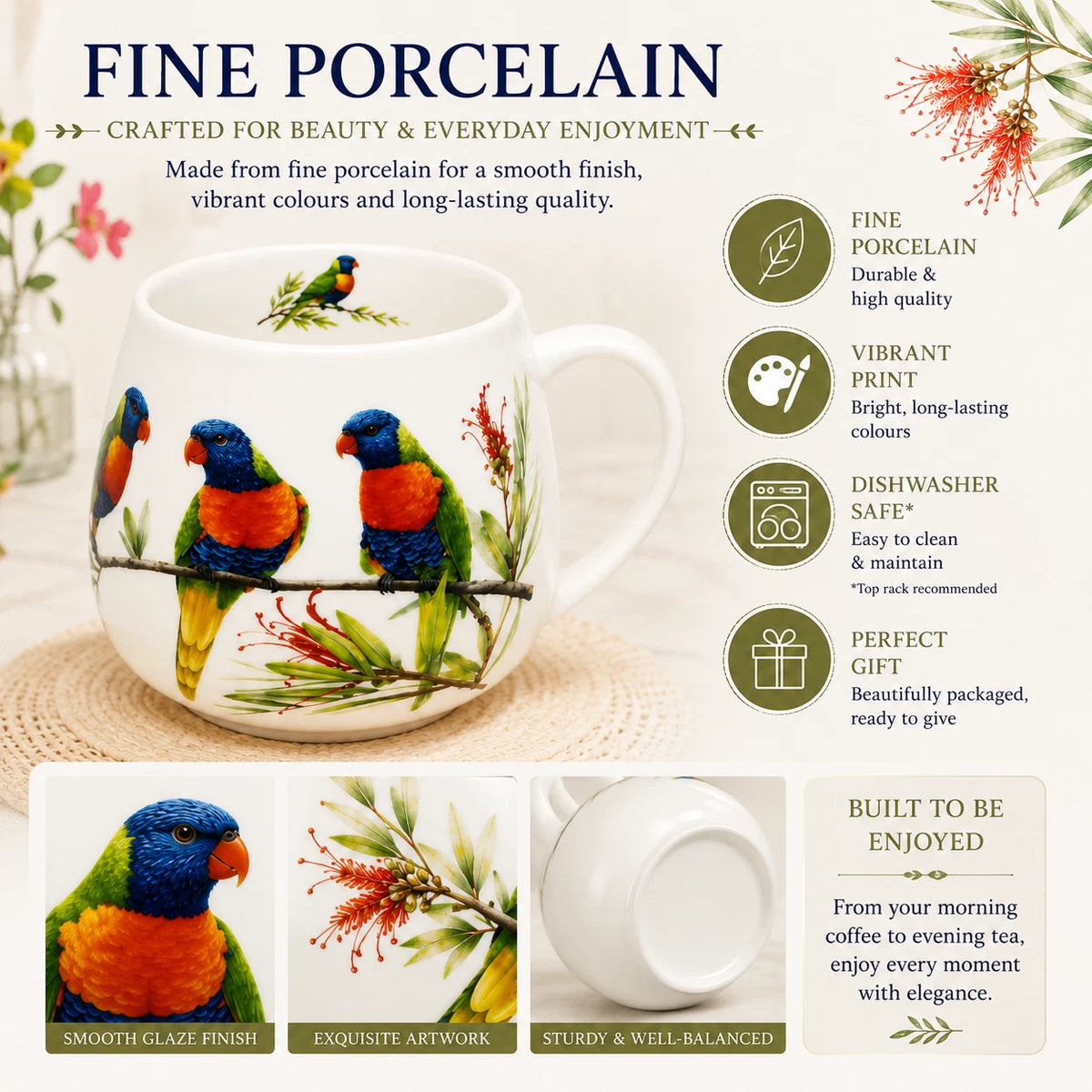 1-6x Rainbow Lorikeet Mug 400ml Fine Porcelain Australian Bird Coffee Tea Cup Gift