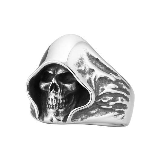 Men Grim Reaper Skull Ring Gothic Hooded Skeleton Design Biker Silver Tone Band # R87