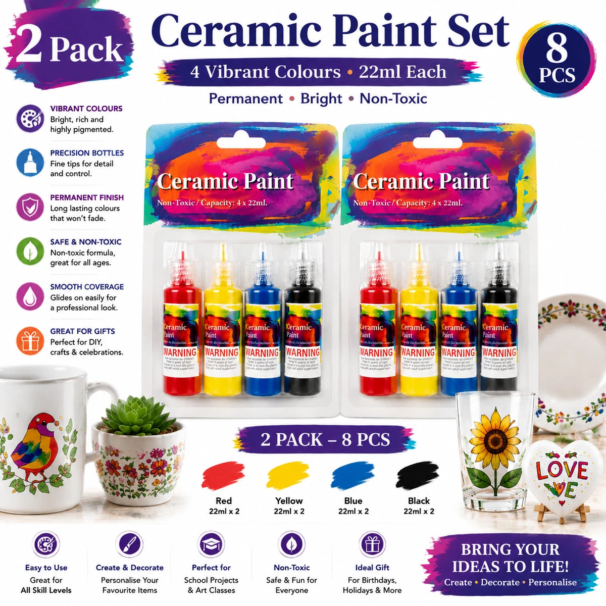 2 Pack Ceramic Paint Set 22ml Permanent Porcelain Mug Glass DIY Craft Art Colour