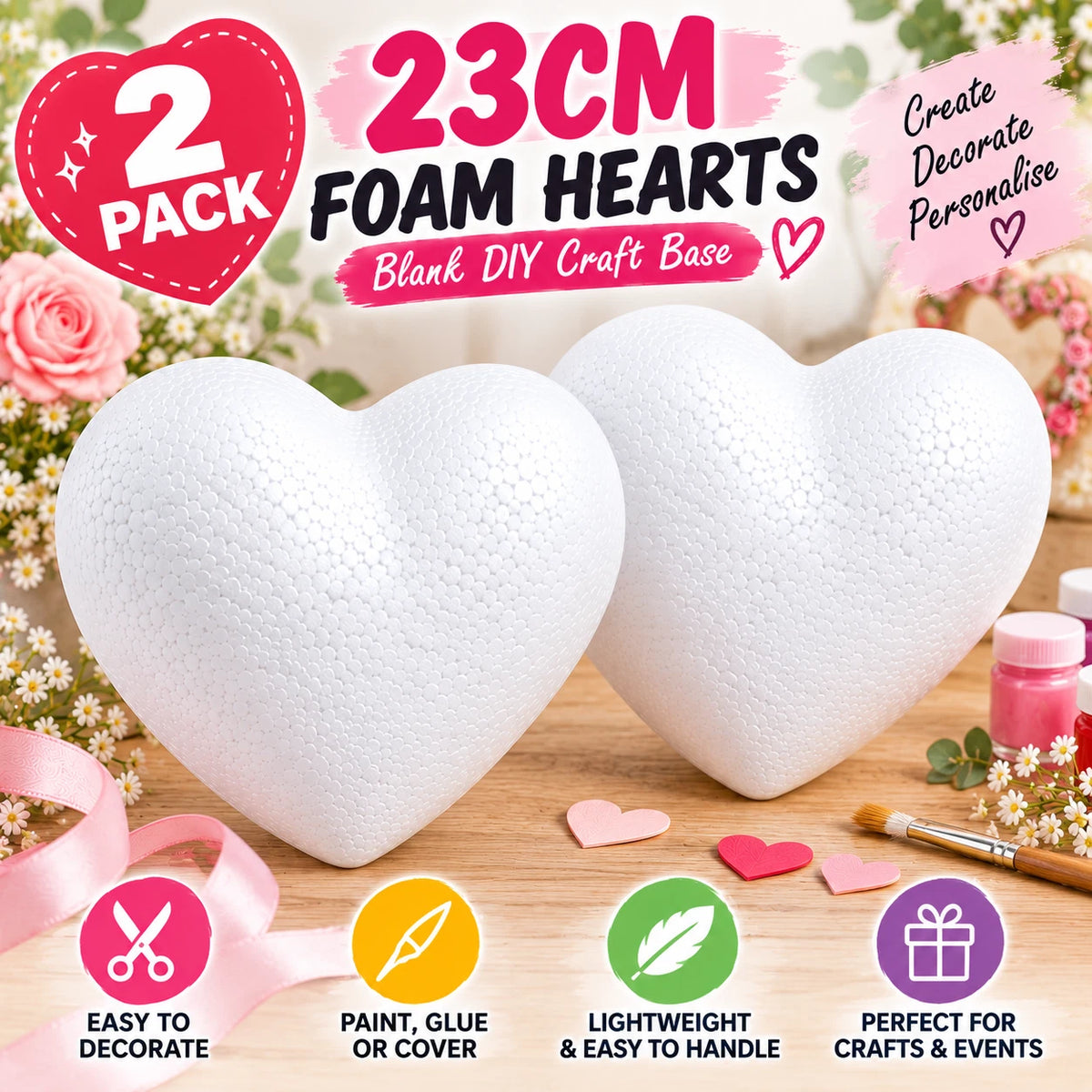 2 Pack 23cm Large Foam Heart Polystyrene Blank DIY Craft Wedding Floral Decor Base