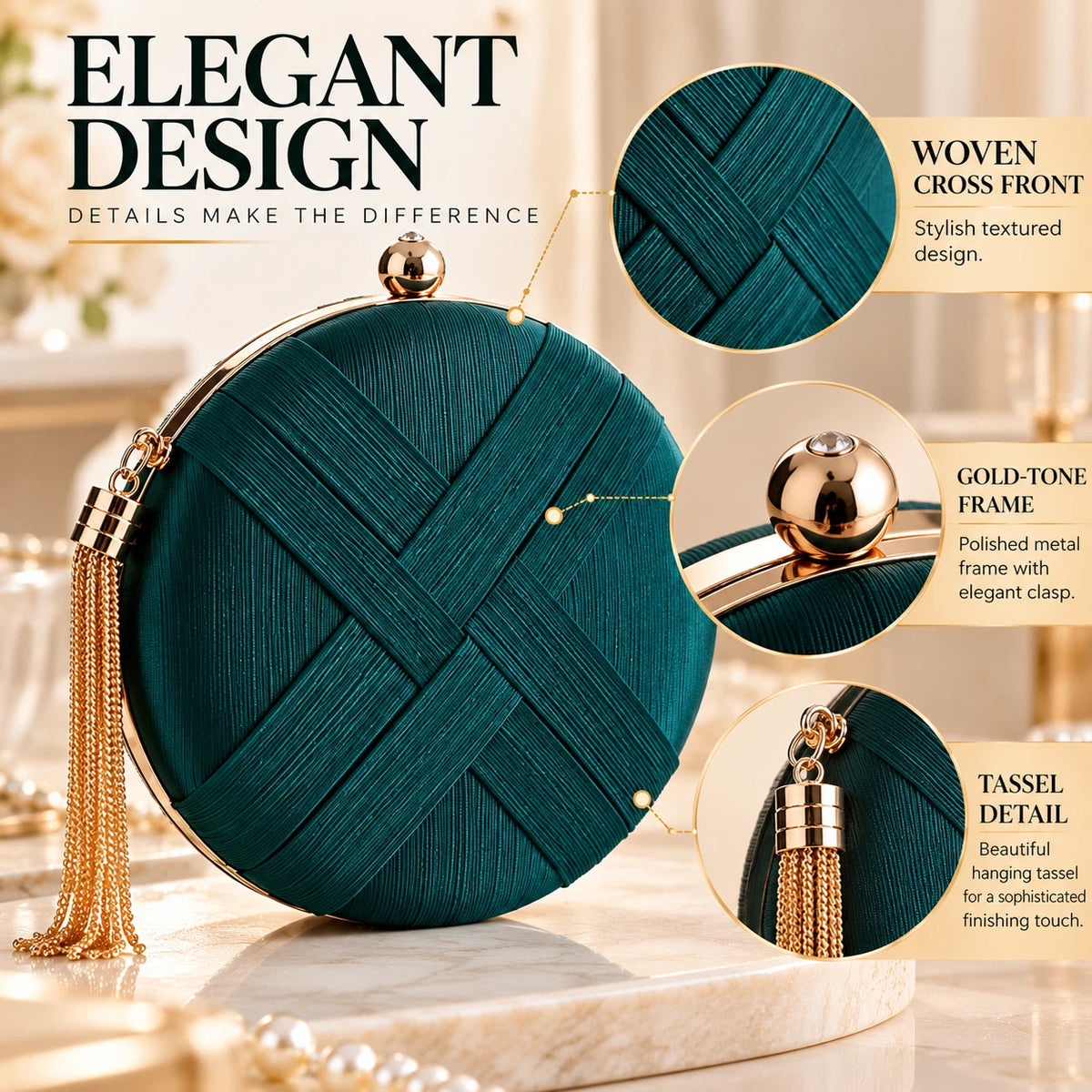 Women Round Evening Clutch Bag Wedding Party Prom Formal Tassel Chain Handbag 7 Colour