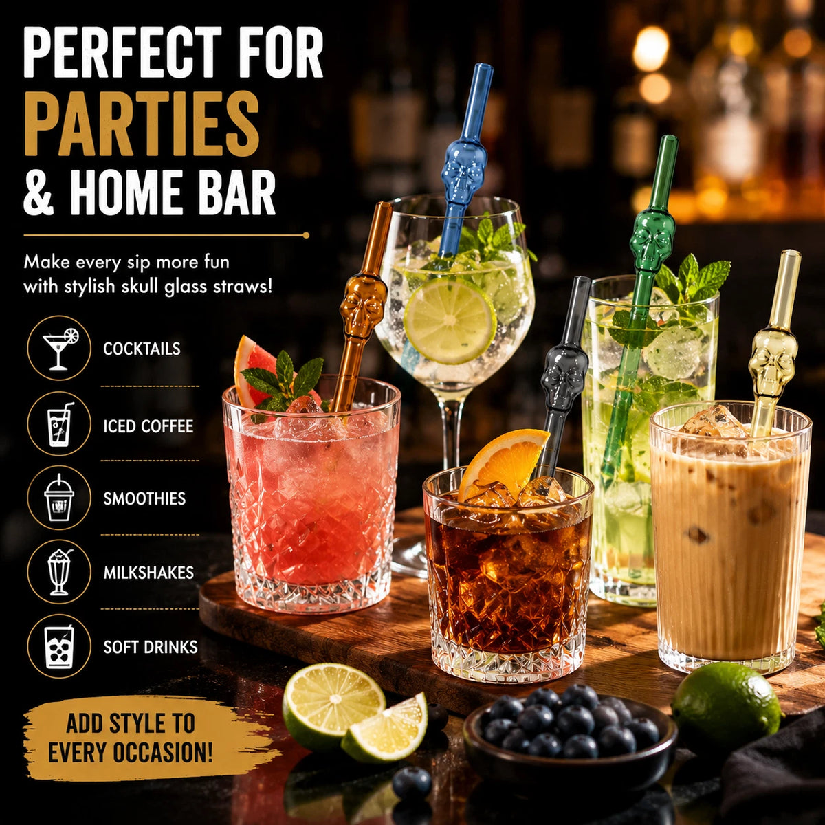 6PCS Skull Glass Drinking Straws 20cm Reusable Cocktail Barware Cleaning Brush