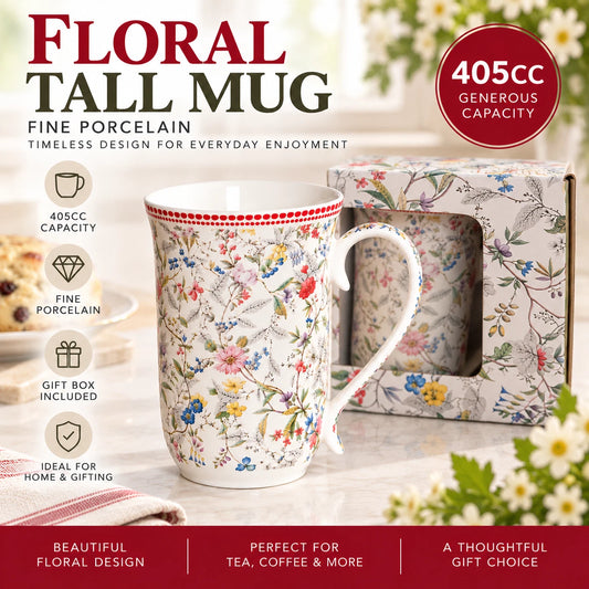 1-6x 405ml Vintage Botanical Floral Mug Porcelain Coffee Tea Cup Gift Box Set