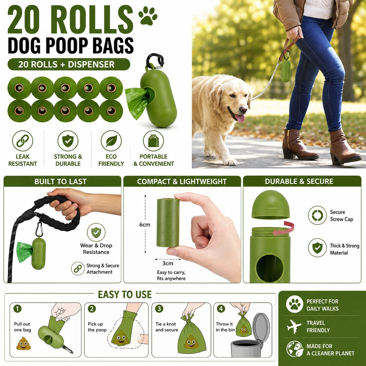 Share 20 Rolls Dog Poop Bags with Dispenser Strong Leak Resistant Waste Bags Easy Tear