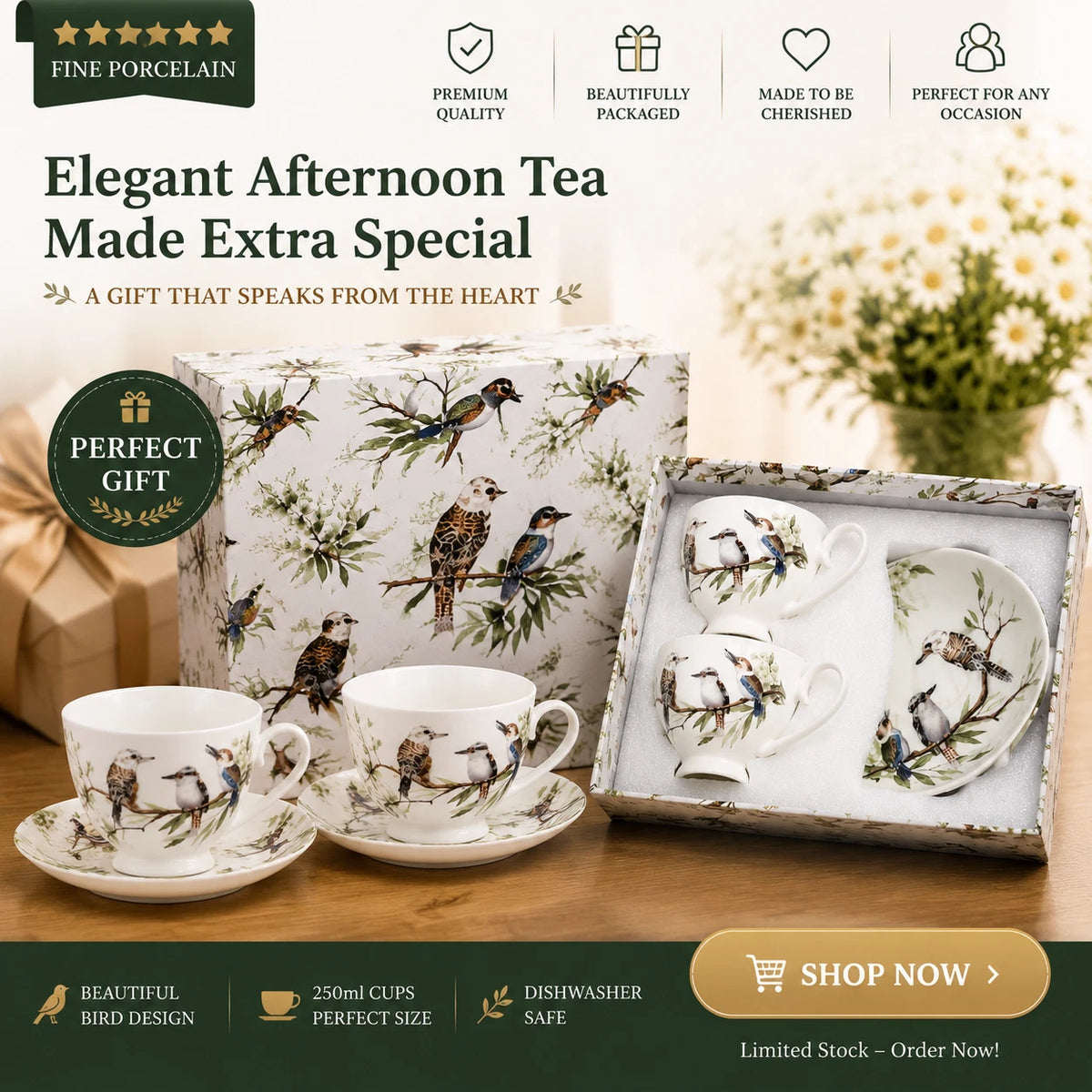 Set of 2 Cups & Saucers 250cc Australian Bird Kookaburra Fine Porcelain Gift Box