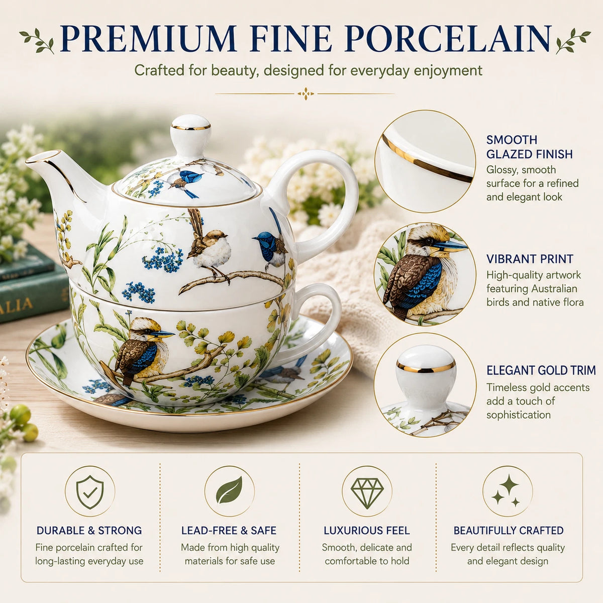 Australian Bird Tea For One Set Teapot Cup Fine Porcelain China Gift Afternoon