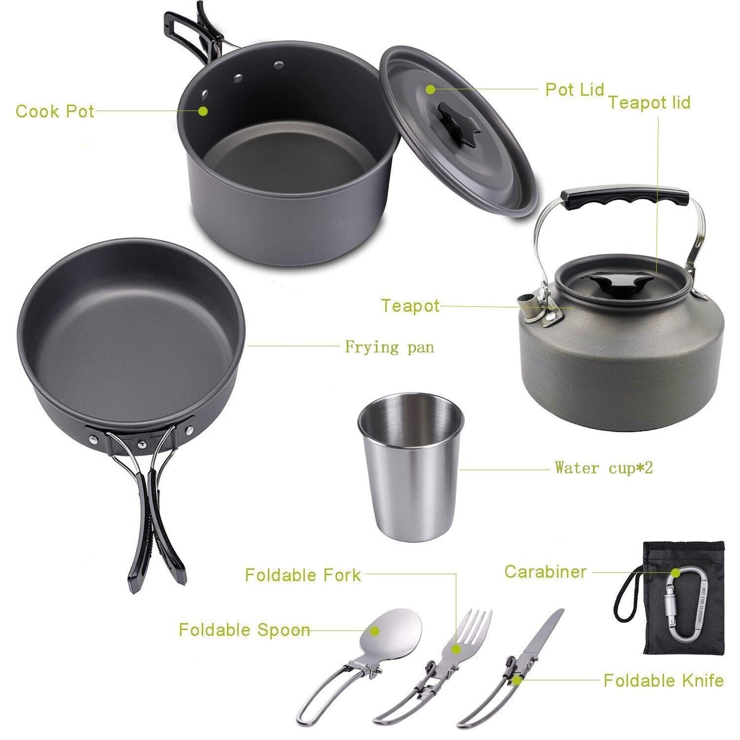 Outdoor Camping Cookware Set Hiking Cooking Portable Pot Pan Teapot 2-3 Persons