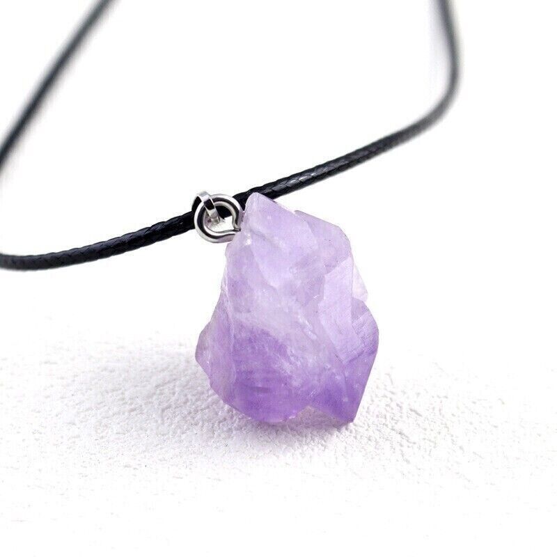 Fashion Irregular Amethyst Pendant Raw Stone Necklace Wax Rope Lady Jewelley