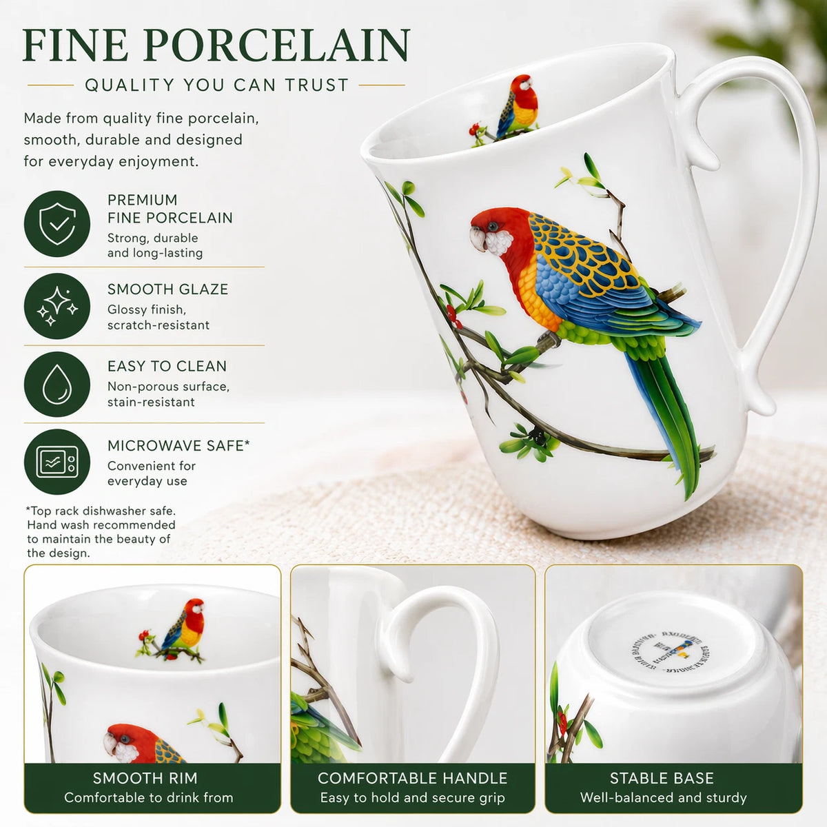 1-6x Australian Rosella Bird Mug 405ml Porcelain Coffee Tea Cup Gift Box Home Decor
