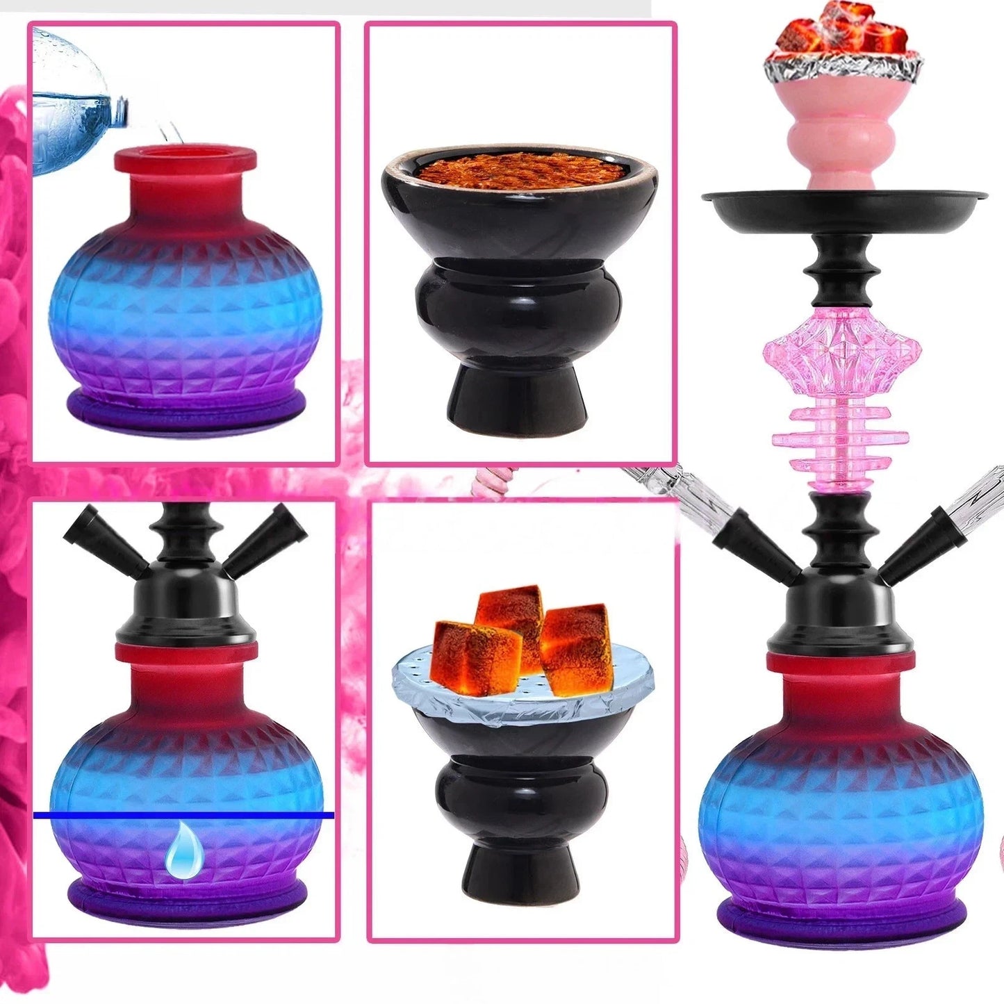 36cm 2 Hose Portable Black Gradient Blue Shisha Hookah Narguile Party Club Bar
