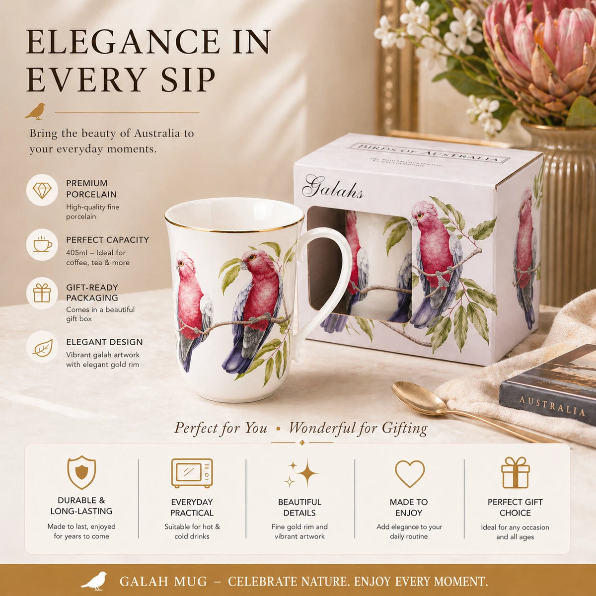 1-6x Australian Galah Bird Coffee Mug Fine Porcelain Tea Cup 405ml Mother's Day Gifts