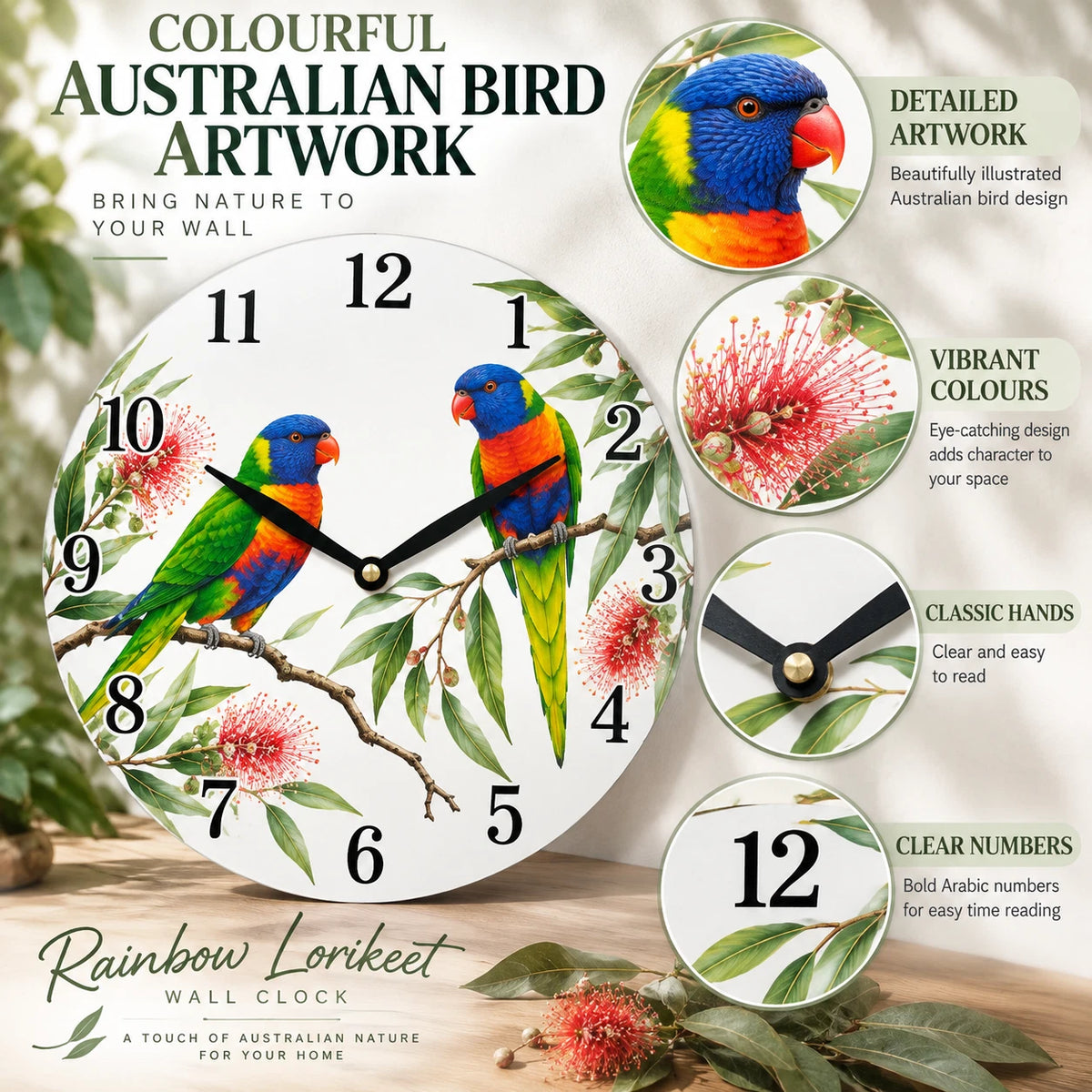 28.8cm Wall Clock Australian Birds Animal Wildlife MDF Round Home Decor