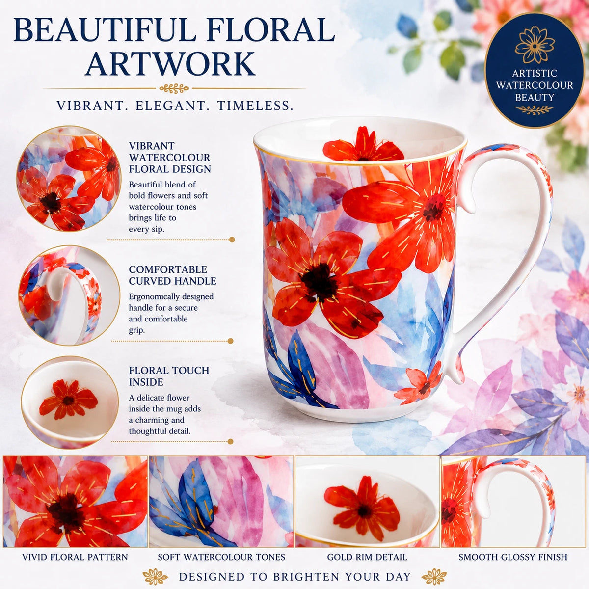 1-6x Watercolour Flora Fine Porcelain Coffee Mug 405cc Coral Flowers Tea Cup