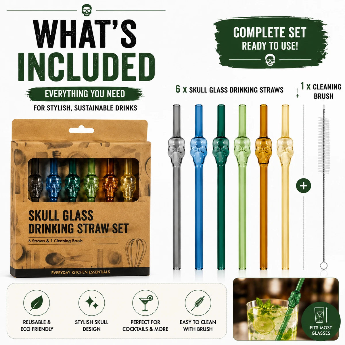 6PCS Skull Glass Drinking Straws 20cm Reusable Cocktail Barware Cleaning Brush