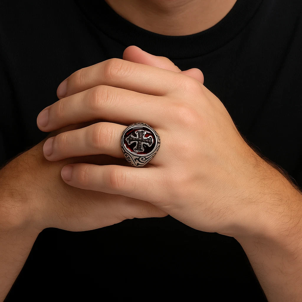 Men Gothic Cross Ring Silver with Black Cross & Red Inlay Punk Biker Signet Band # R37
