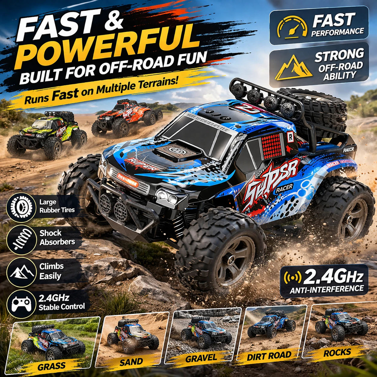 2.4GHz RC Off Road Car 1:18 High Speed Monster Truck Rechargeable Kids Toy Gifts