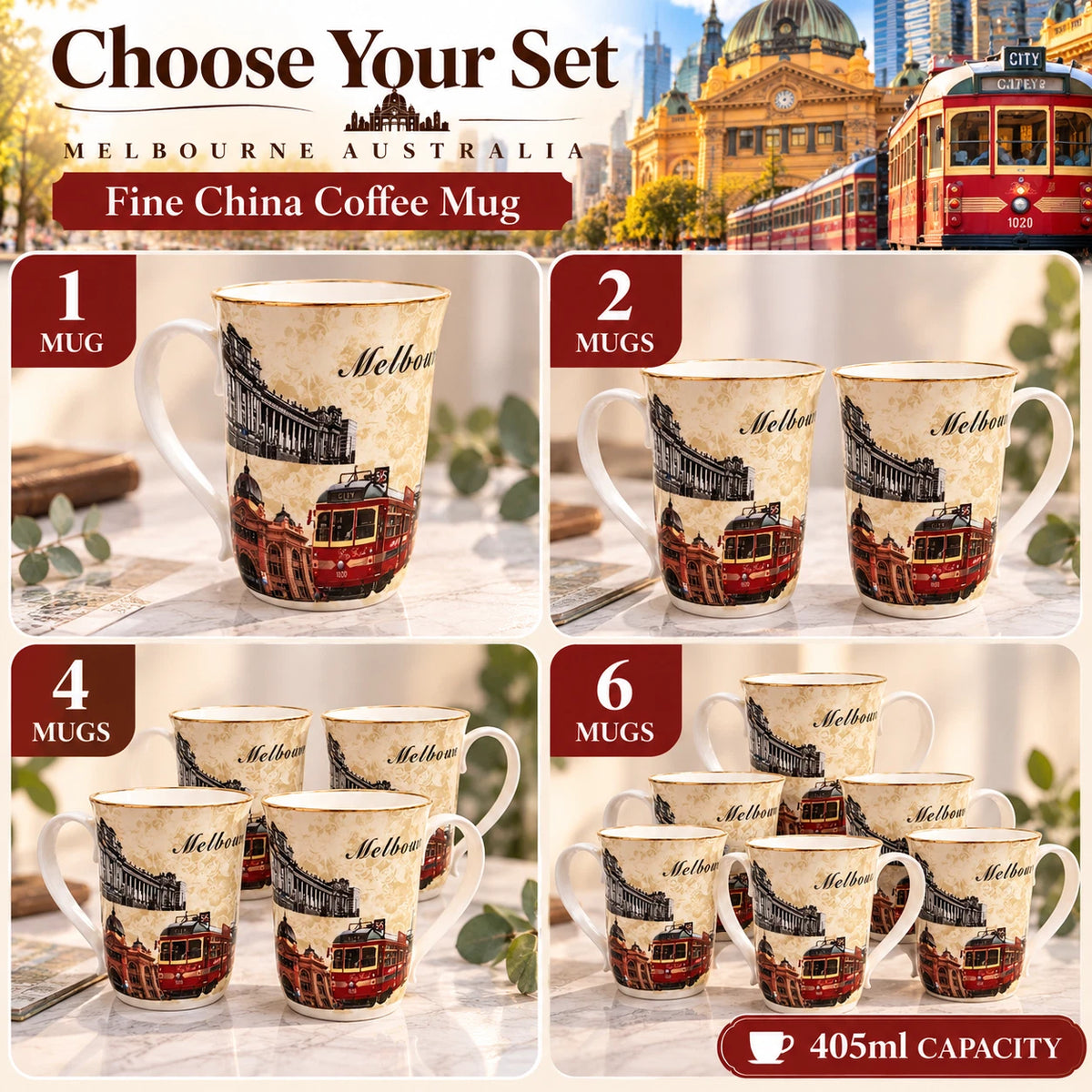 1-6x Melbourne Australia Souvenir Coffee Mug 405ml Fine China Tea Cup Gift Boxed