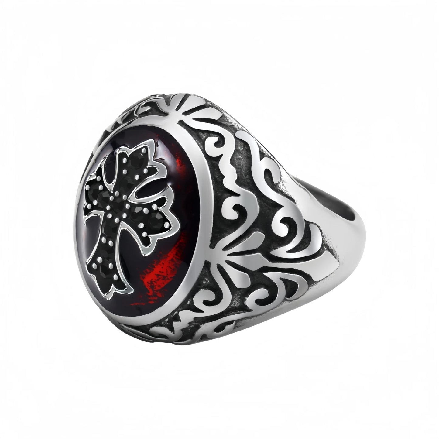 Men Gothic Cross Ring Silver with Black Cross & Red Inlay Punk Biker Signet Band # R37