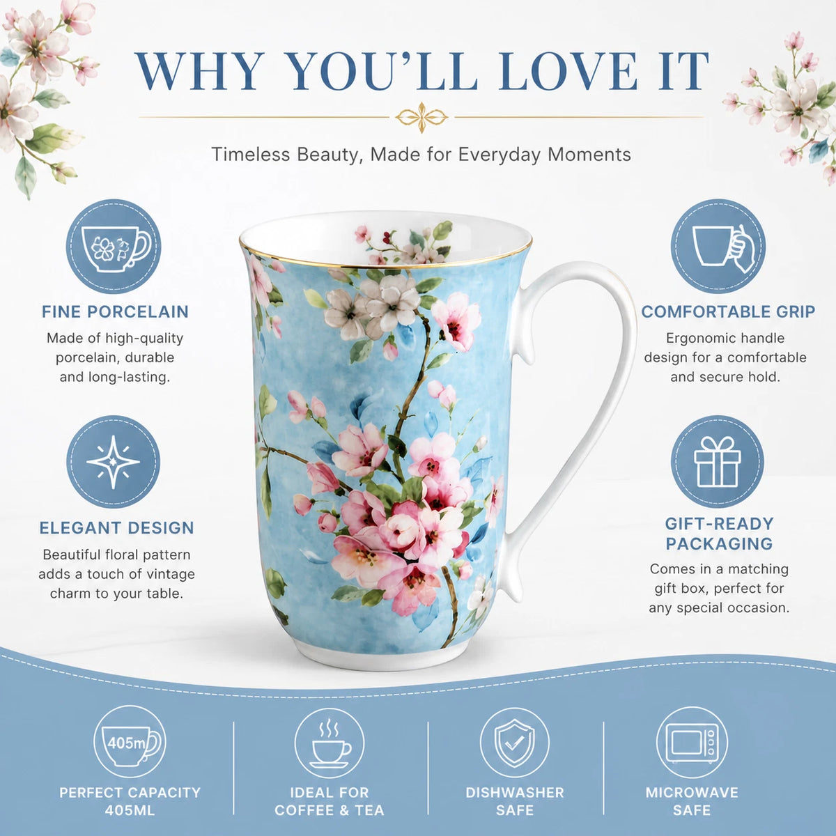 1-6x Blue Floral Porcelain Mug 405ml Vintage Peach Blossom Tea Coffee Cup Daily Gift