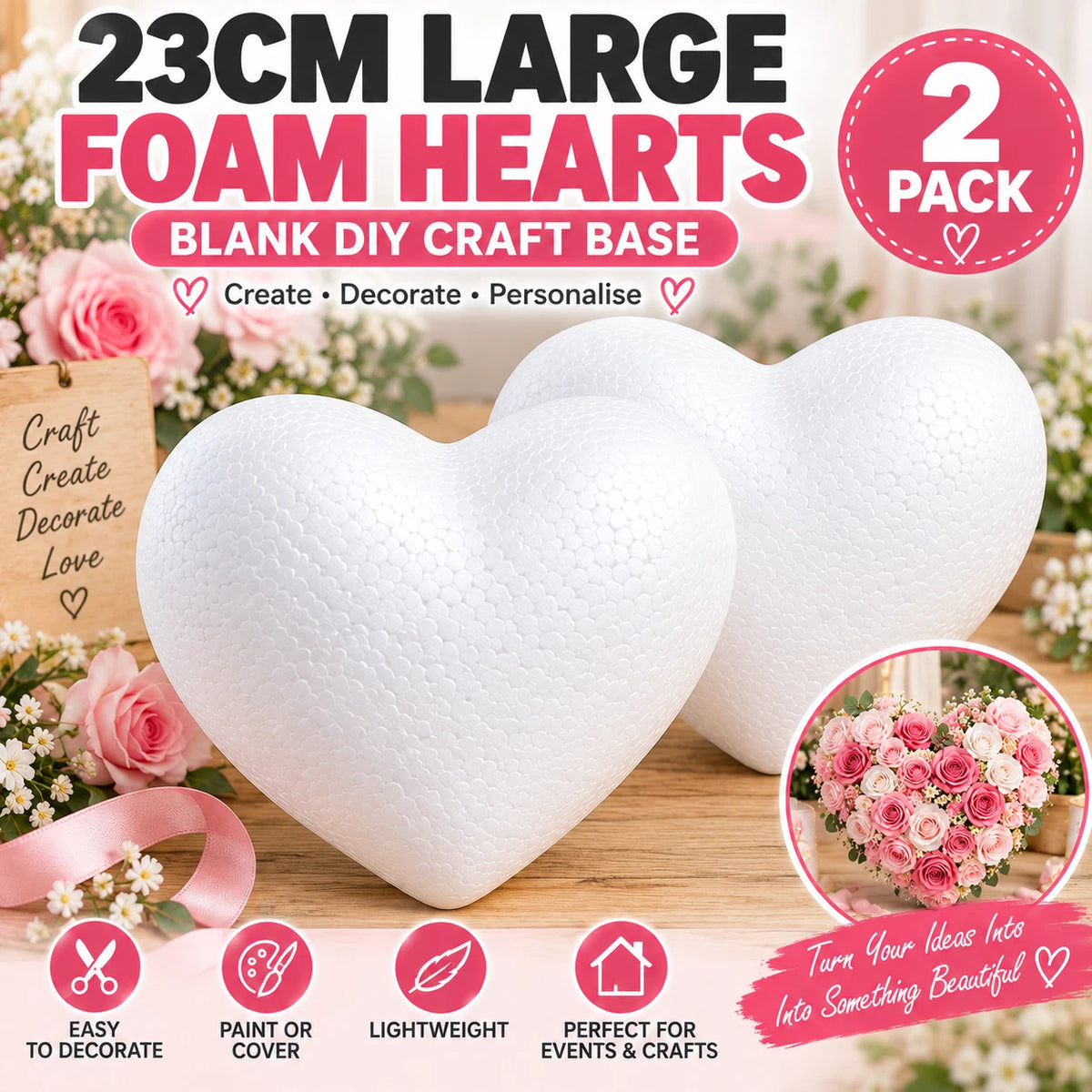 2 Pack 23cm Large Foam Heart Polystyrene Blank DIY Craft Wedding Floral Decor Base
