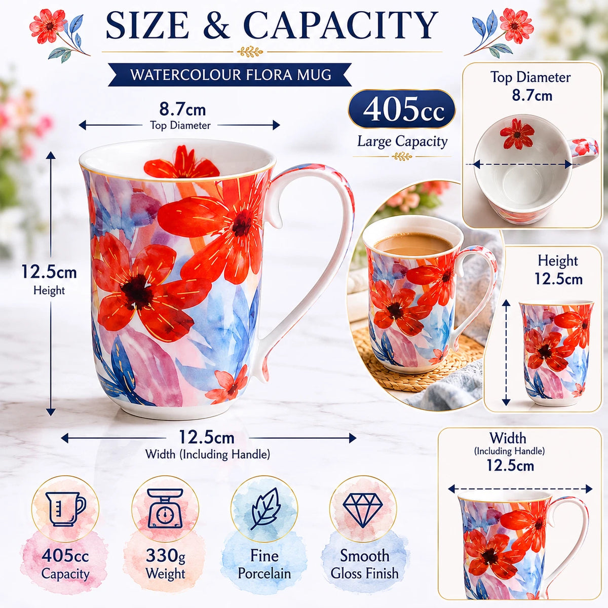 1-6x Watercolour Flora Fine Porcelain Coffee Mug 405cc Coral Flowers Tea Cup