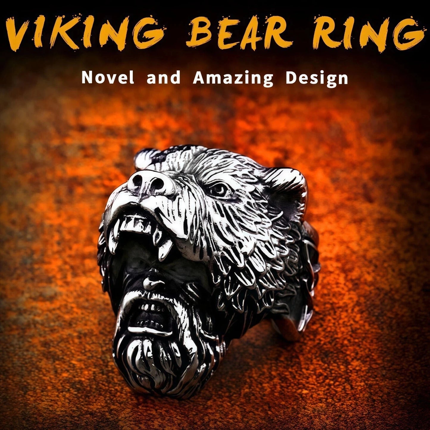 Men's Premium Norse Viking Ring Bear Head & Warrior Gothic Punk Style Biker Band # R96