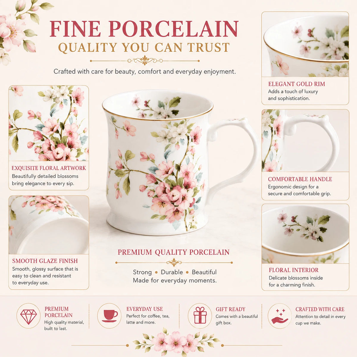 Peach Blossom White Fine Porcelain Mug 415ml Floral Coffee Tea Cup Gift Box 1-6X