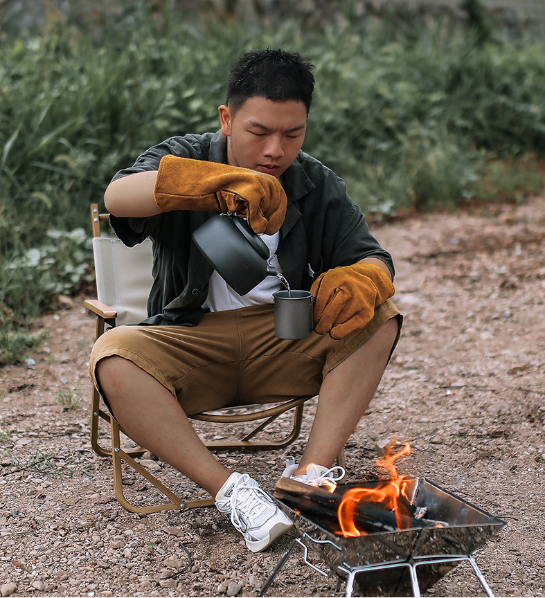 Outdoor Camp BBQ Long Anti-hot Gloves Cowhide Leather Heat Resistant Protection