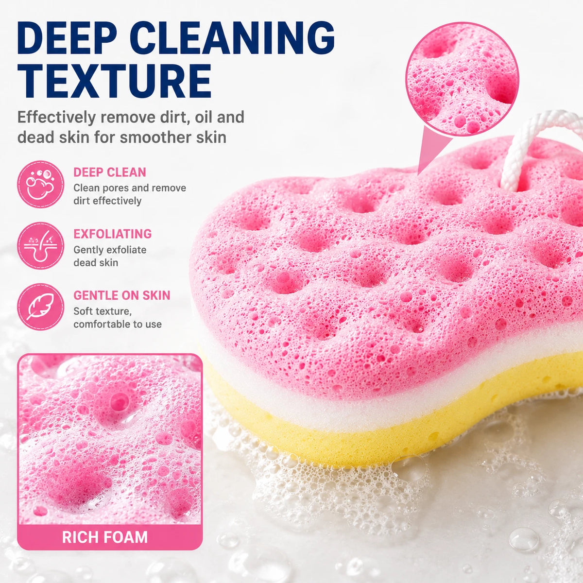 3x Bath Shower Sponge w Rope Deep Cleaning Body Scrubber Exfoliating Soft Foam