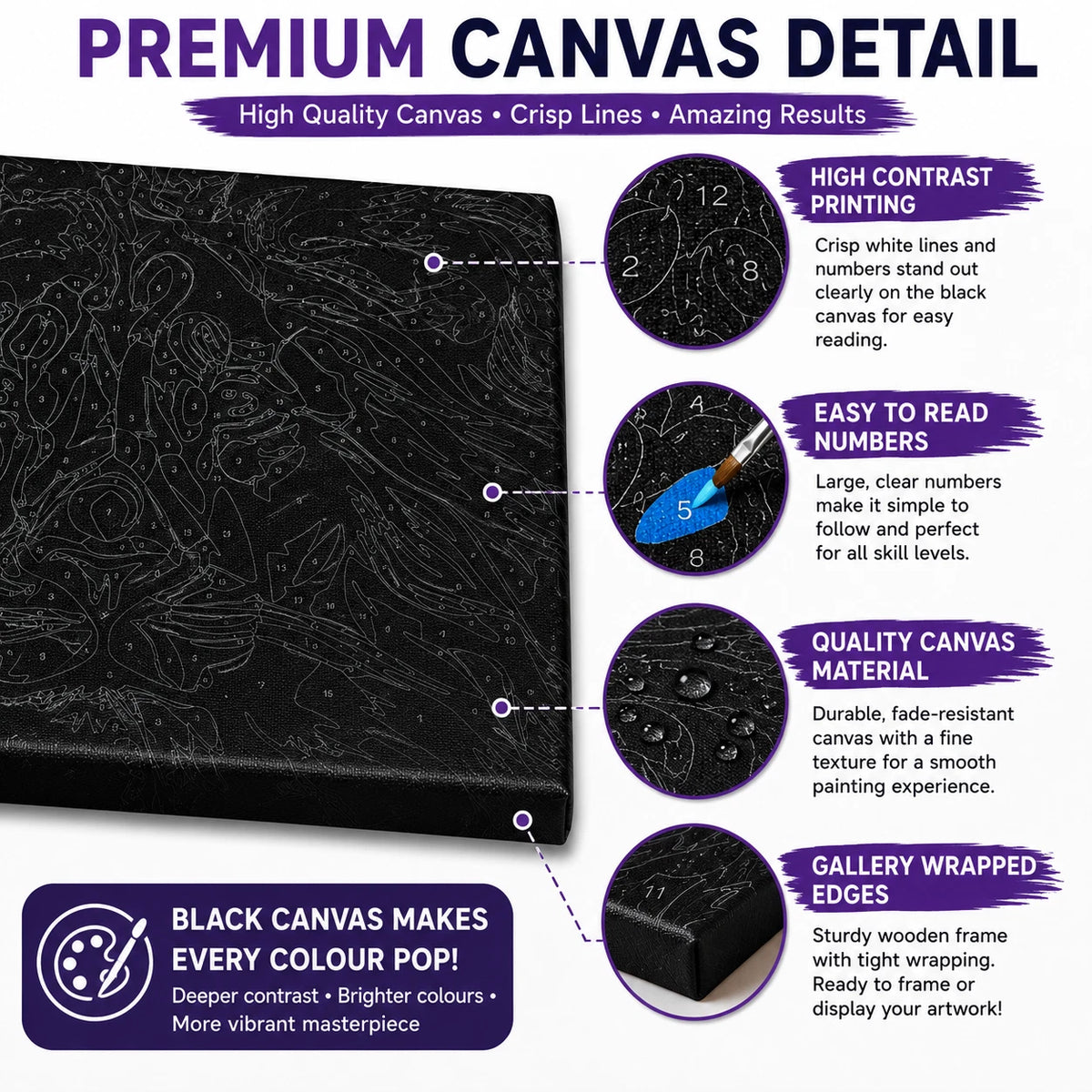 30x30cm Black Canvas Paint By Number Lion Kit DIY Acrylic Painting Art Gift