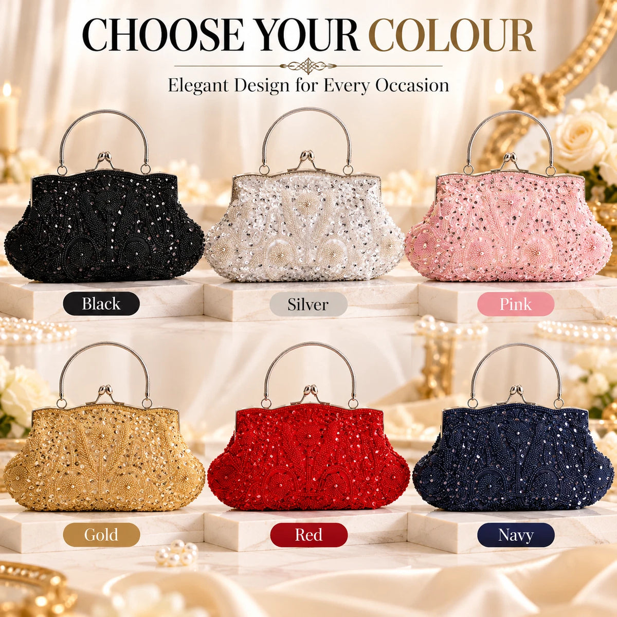 Women Beaded Sequin Evening Bag Clutch Wedding Bridal Prom Party Handbag Purse