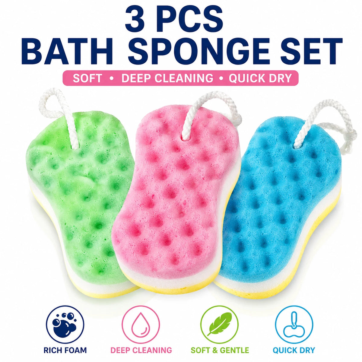 3x Bath Shower Sponge w Rope Deep Cleaning Body Scrubber Exfoliating Soft Foam