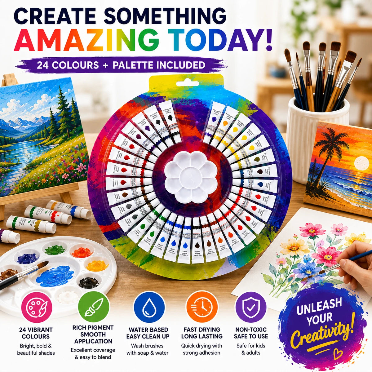 24 Colour Acrylic Paint Set 12ml Tubes with Palette Water Based Art Craft Paint