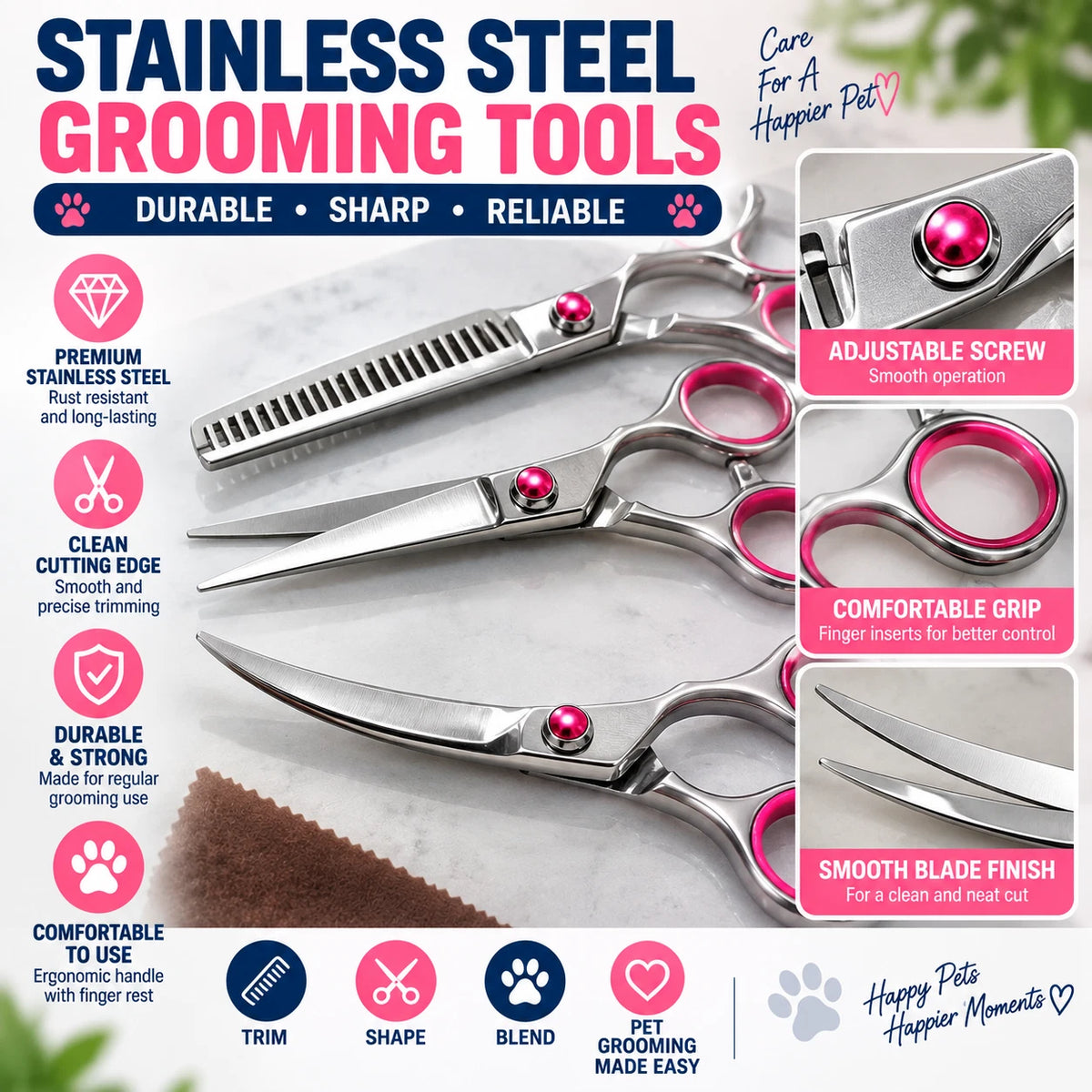 7" Dog Grooming Scissors Set Straight Curved Thinning Shears Stainless Steel