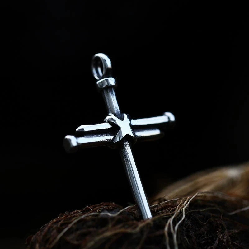Men Stainless Steel Nail Cross Necklace Silver Crucifix Pendant Religious Jewelry Chain PN0328