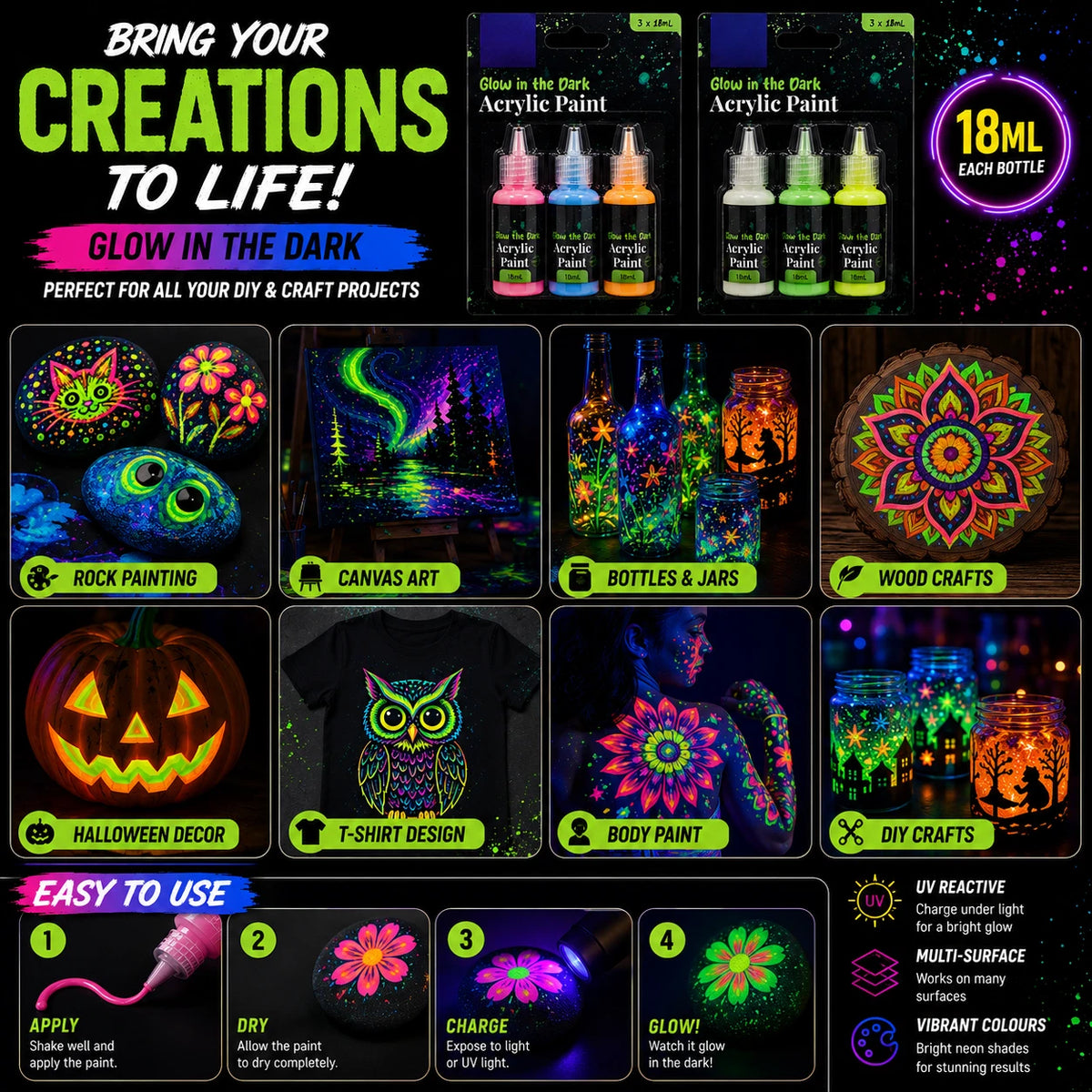 Glow in the Dark Acrylic Paint 2 pack 3 Bottle Set 18ML UV Reactive Neon DIY Craft Arts
