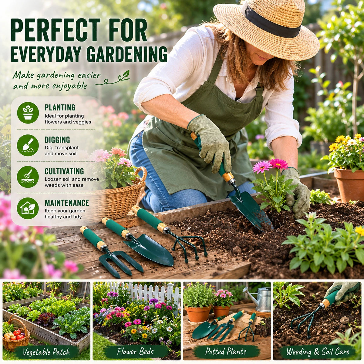 3 Pieces Garden Tool Set Hand Trowel Fork Cultivator Digging Planting Weeding