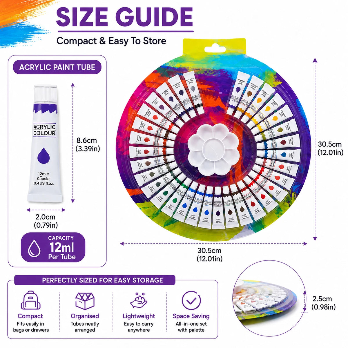 24 Colour Acrylic Paint Set 12ml Tubes with Palette Water Based Art Craft Paint