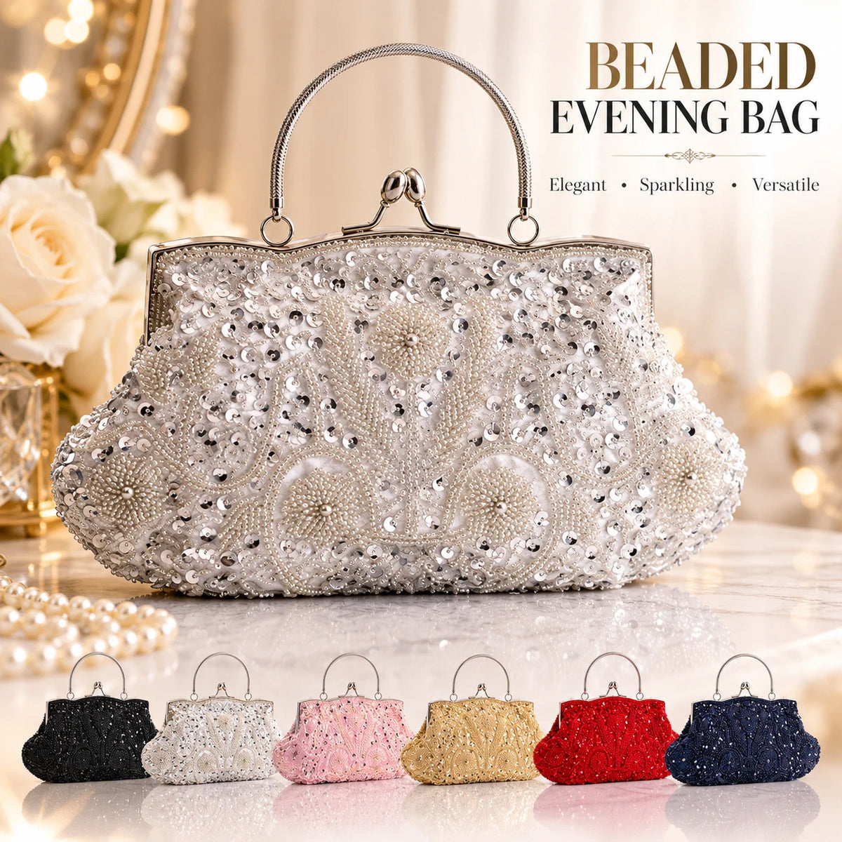 Women Beaded Sequin Evening Bag Clutch Wedding Bridal Prom Party Handbag Purse