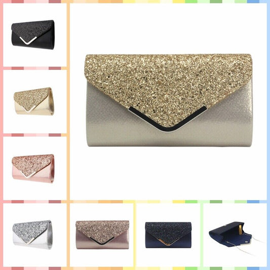 NEW Shining Satin Ladies Evening Clutch Bag Wedding Bridal Chain Handbag Wallet