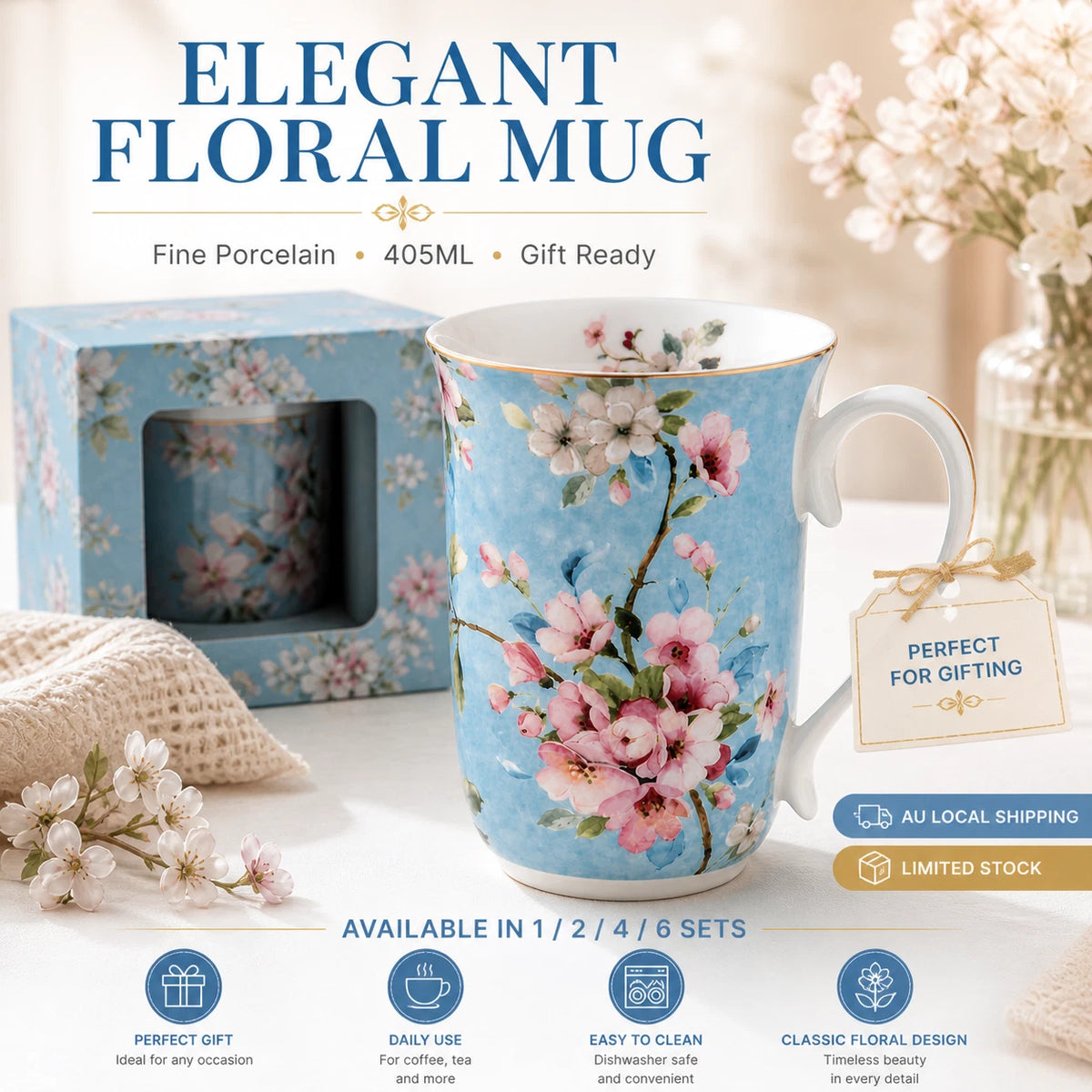 1-6x Blue Floral Porcelain Mug 405ml Vintage Peach Blossom Tea Coffee Cup Daily Gift