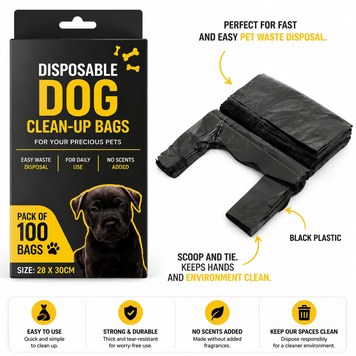 100x Dog Poop Bags Disposable Waste Bags Large 28x30cm T-Shirt Clean Up Black