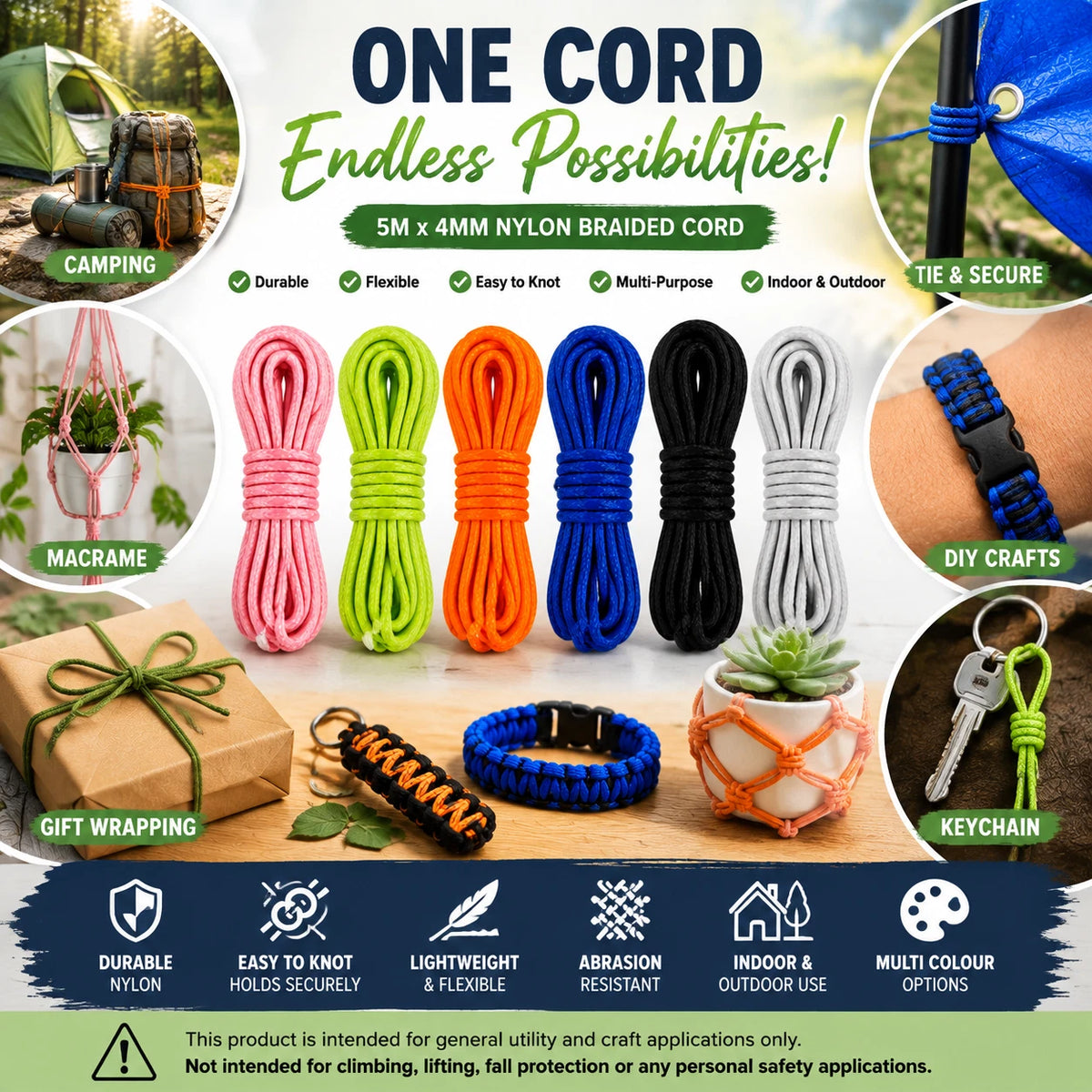 6 Pack 5M 4MM Nylon Braided Cord Rope Craft Camping Hiking DIY Macrame Binding 6 Color