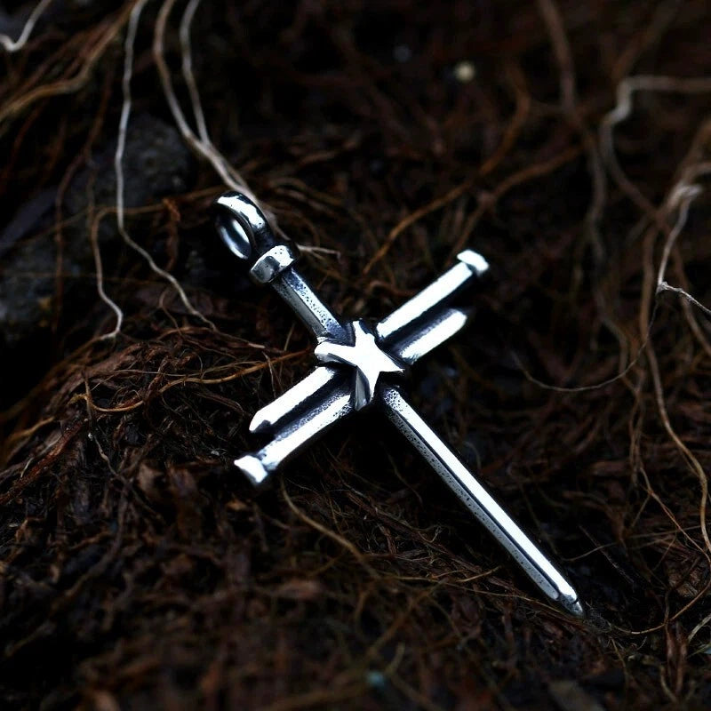 Men Stainless Steel Nail Cross Necklace Silver Crucifix Pendant Religious Jewelry Chain PN0328