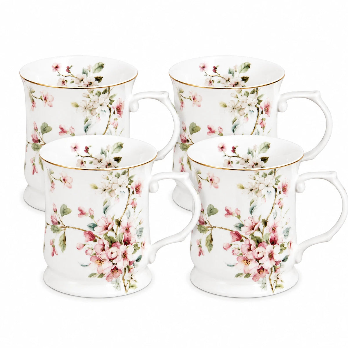 Peach Blossom White Fine Porcelain Mug 415ml Floral Coffee Tea Cup Gift Box 1-6X